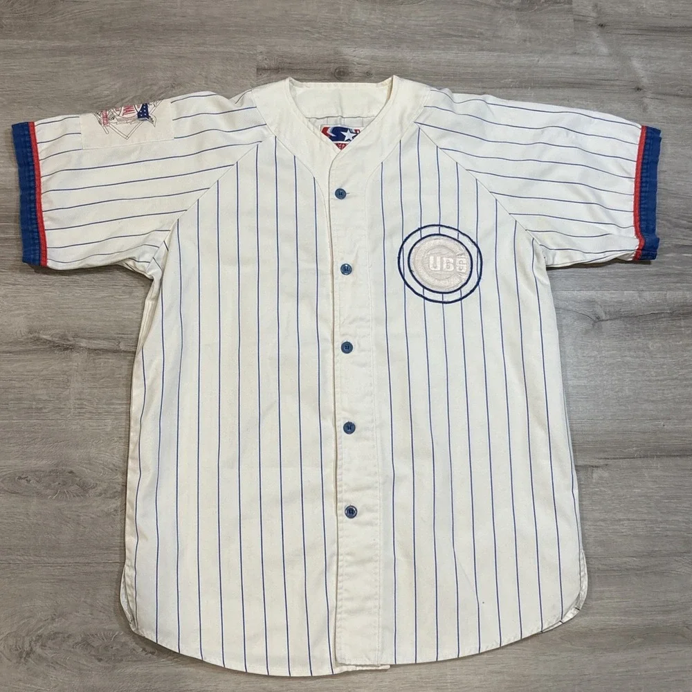 Vintage Starter Chicago Cubs MLB Button Up Pinstripe Jersey Shirt Size Large